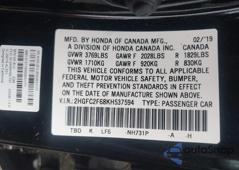 2019 Honda Civic Lx from USA, damaged, VIN 2HGFC2F68KH537594